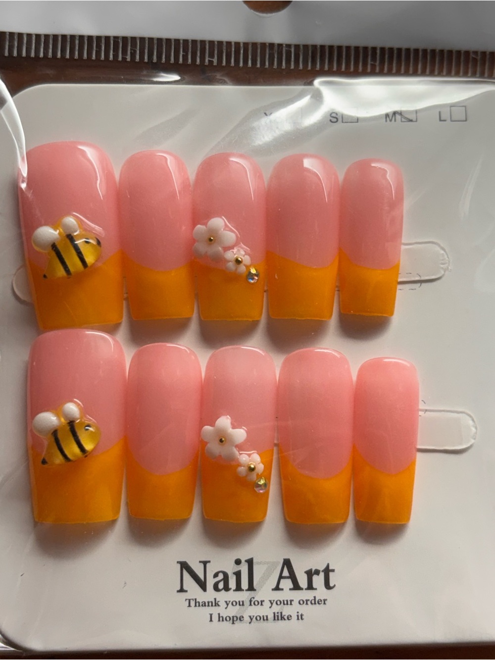 Pink & Yellow Bee Floral Press-On Nails — Cute French Tip Set
